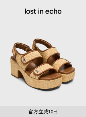lost in echo2025年夏季新款度假风双条带草编厚底增高粗跟凉鞋女