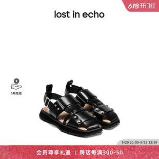 包头黑色鞋 lost echo设计师品牌方头铆钉平底编织罗马凉鞋 子女
