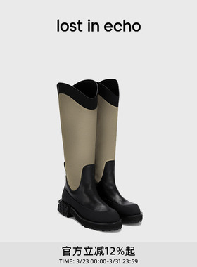 那英同款lost in echo春夏V口宽筒一脚蹬骑士靴高筒厚底长筒靴