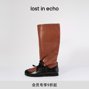 新款 echo2025冬季 宽筒显瘦薄底真皮一脚蹬芭蕾舞长筒靴女 lost