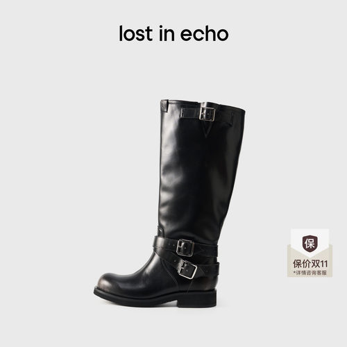 lostinecho宽筒机车条带骑士靴