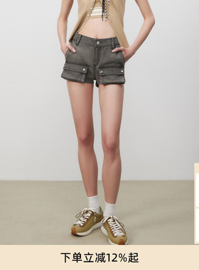 lost in echo春夏休闲复古时髦灰色工装口袋低腰迷你牛仔超短裤女