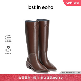 lost echo设计师品牌增高尖头牛皮粗跟阔腿显瘦侧拉链高筒长靴