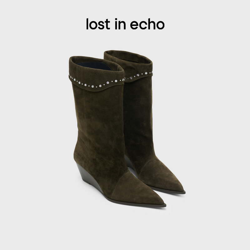 lostinecho尖头堆褶烫钻西部靴