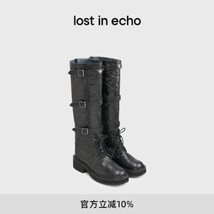 新款 宋妍霏同款 echo2025冬季 圆头扣饰绑带厚底高筒骑士靴 lost
