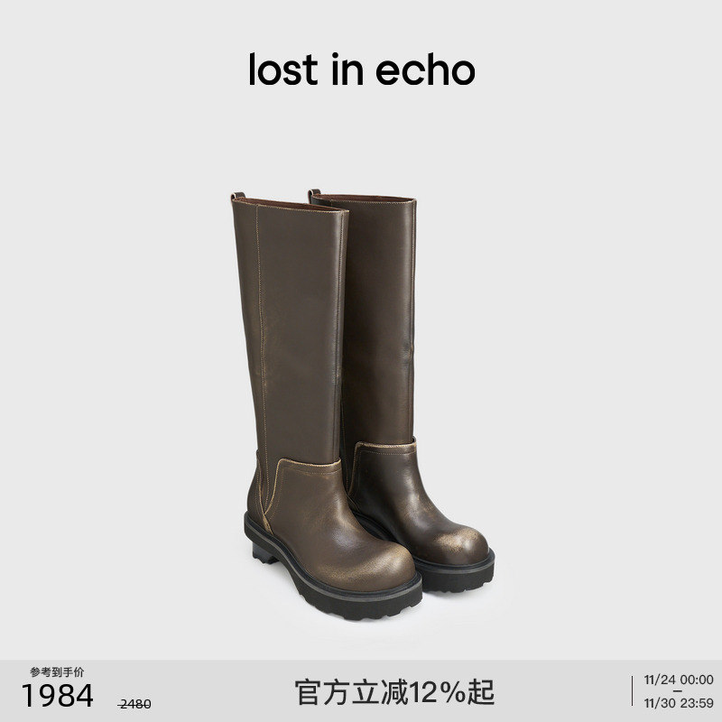 lostinecho翘圆头高筒骑士靴