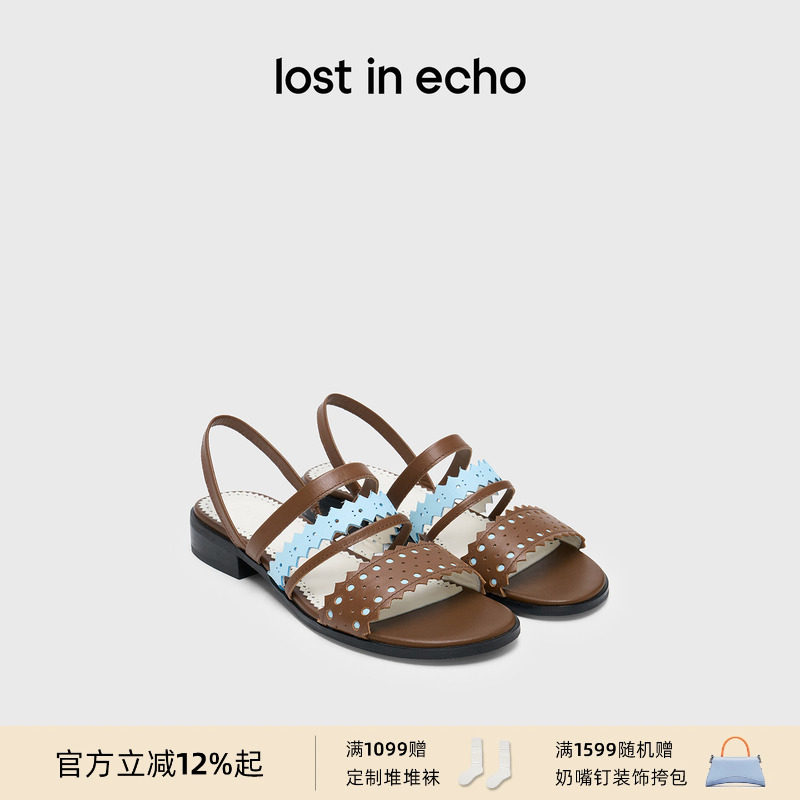 lost in echo春夏时尚复古布洛克撞色镂空多条带轻便平底