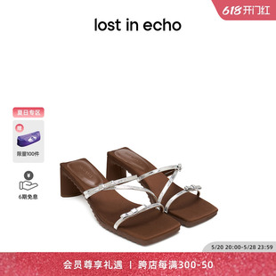 新款 lost echo2024夏季 交叉细条带蝴蝶结外穿高跟凉拖鞋 一脚蹬