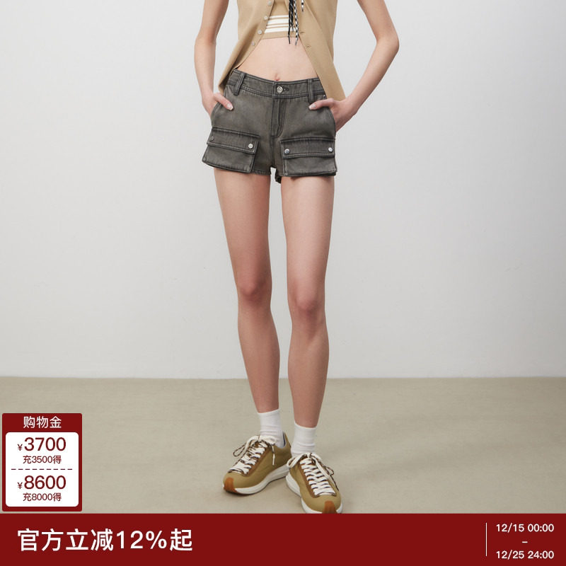 lost in echo春夏休闲复古时髦灰色工装口袋低腰迷你牛仔