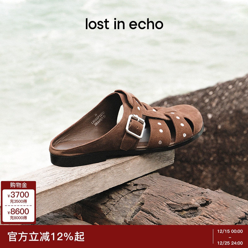 关晓彤同款lost in echo新款时尚手工擦皮铆钉包头拖渔夫