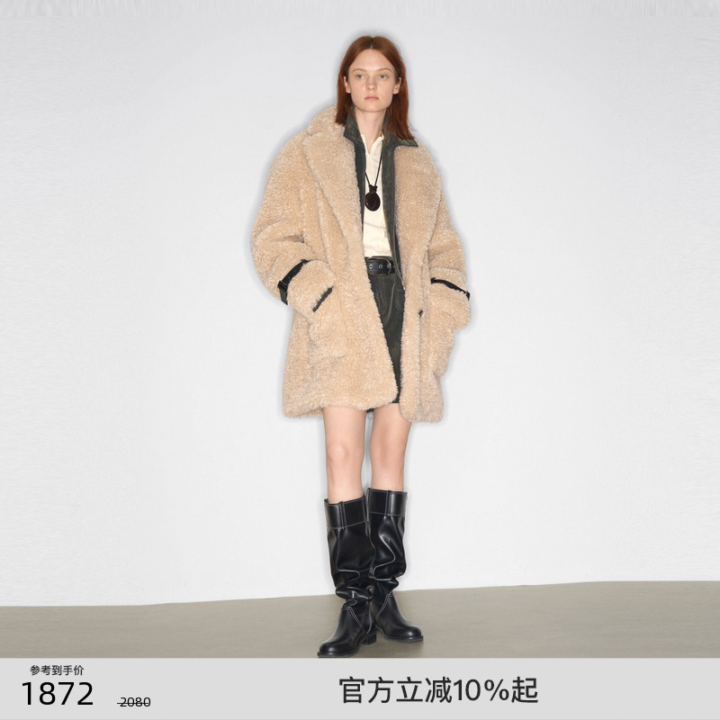 lostinecho大翻领中长皮草外套