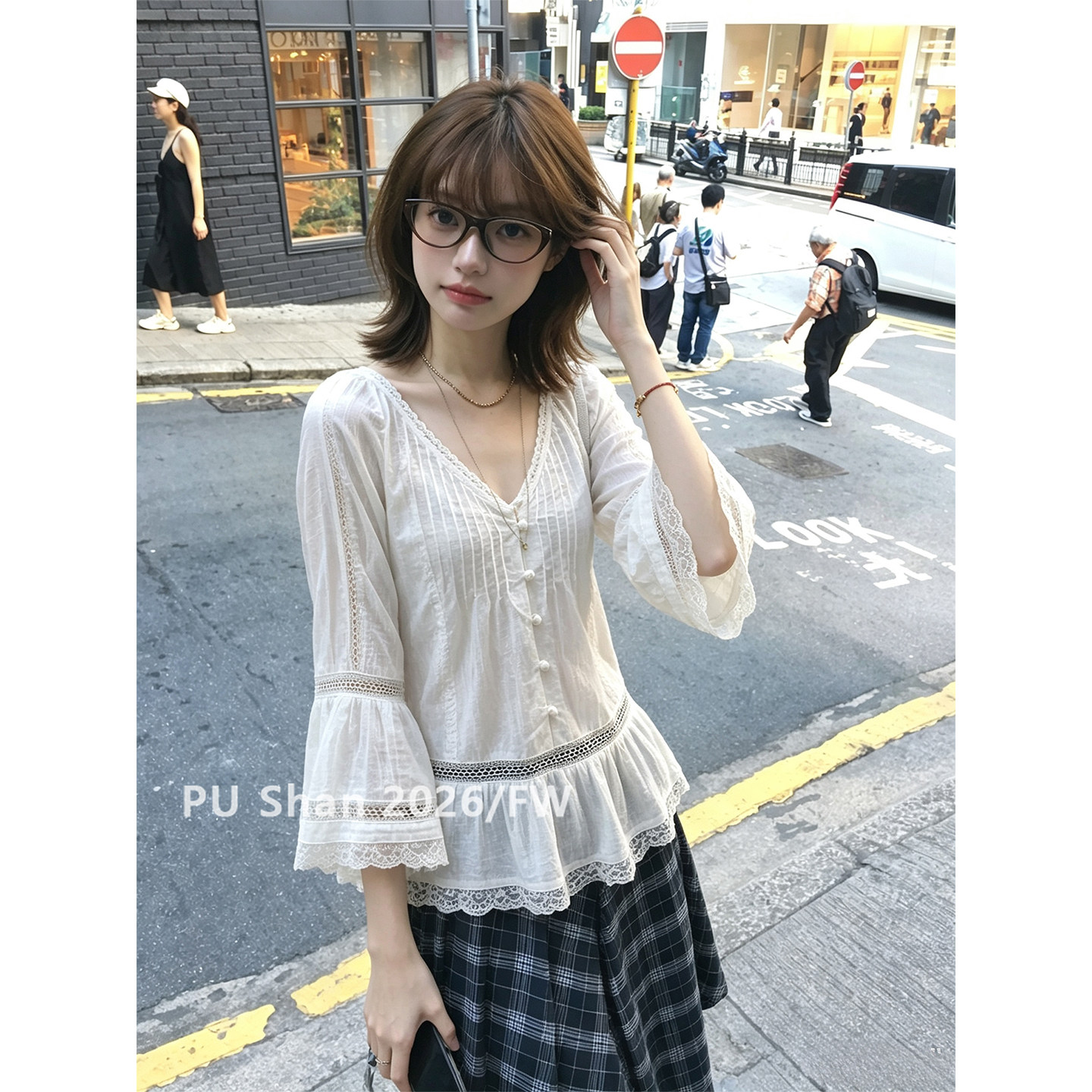 thumbnail for Pushan Korean-style lace lace V-neck flared sleeve shirt autumn new elegant and pure waist-cinching stunning top