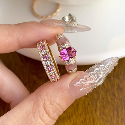 柏诗艾菲高碳钻925纯银粉色排钻粉钻戒指ins女环气质简约经典高级