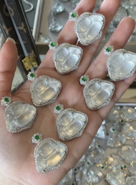 柏诗艾菲925纯银镀金白月光大肚佛公项链平安礼物玉髓玛瑙高冰透