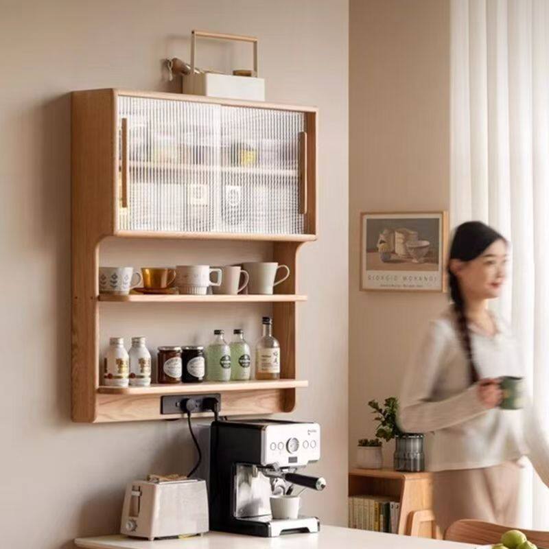 实木悬浮餐边柜橡胶木壁挂式餐厅墙上置物架北欧风餐边吊柜储物柜