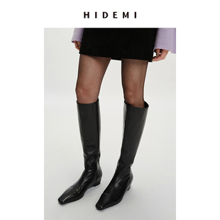 麂皮 HIDEMI黑色尖头长靴 牛皮