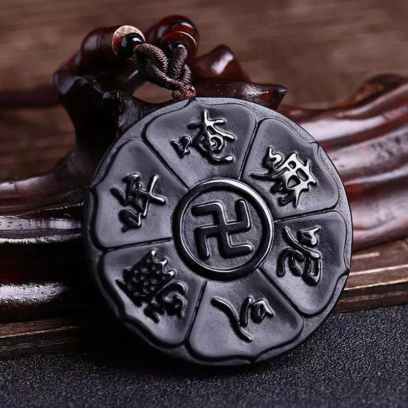黑曜石六字真言大明咒项链 唵嘛呢叭咪吽法器杵吊坠 八卦太极挂件