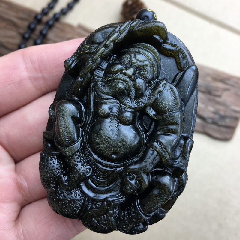天师钟馗黑金曜石天师吊坠女男款关公二爷武财神项链平安坠子