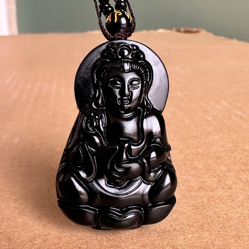 保真黑曜石抱瓶观音吊坠 男款随身莲花杨柳净瓶菩萨挂件普济众生