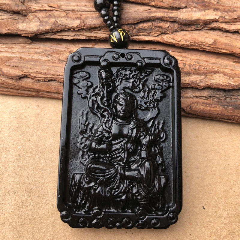 黑曜石不动尊菩萨本命佛吊坠十二生肖属鸡守护神玉牌送证书