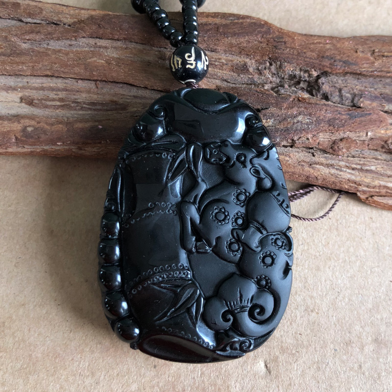 正宗黑曜石一鹿路有你一路顺项链竹节如意鹿夫妻缘份运吊坠送证书