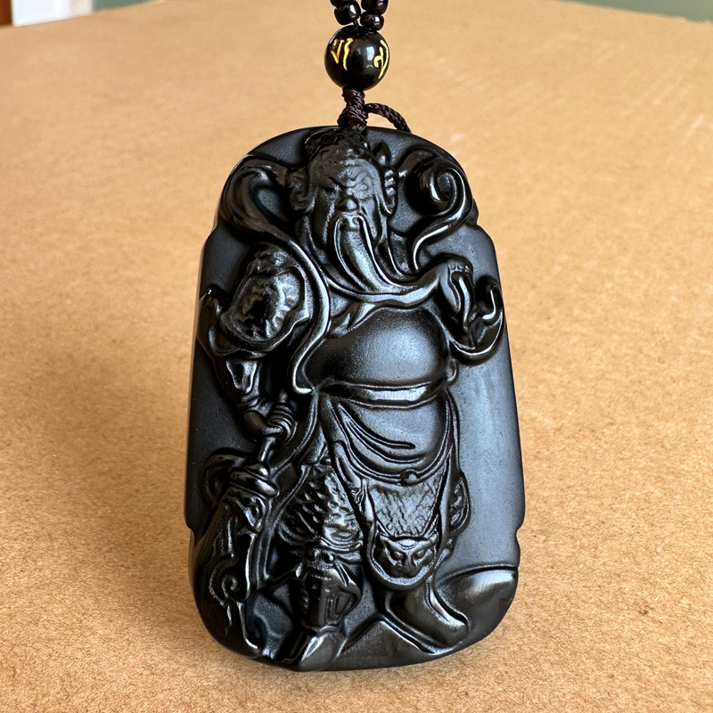 正宗黑曜石站关公吊坠 忠义男款霸气竖刀关羽挂件男友礼物随身