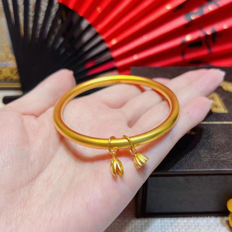 古法黄金传承手镯女款999足金莲蓬莲花素圈实心纯金手环结婚送礼