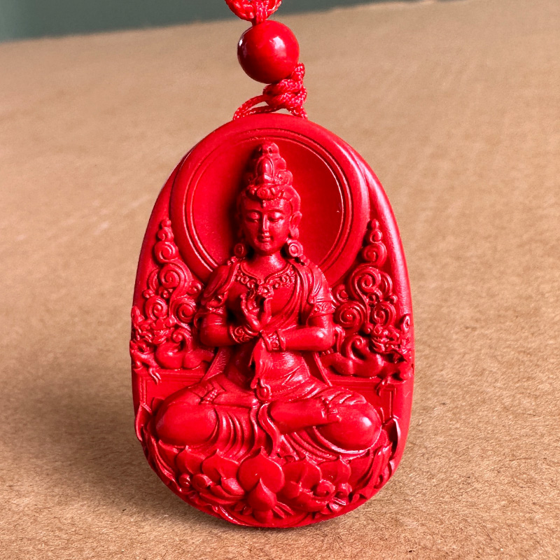 正宗帝王红朱砂无畏手观音吊坠卧莲平静双龙护主菩萨挂件众生怖畏
