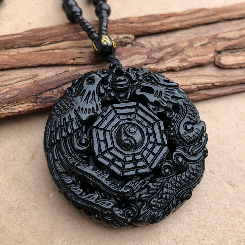 黑曜石龙凤八卦吊坠男女款吉祥如意太极八卦迎禄门福龙鸡和吉挂件