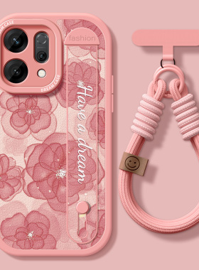 适用opporeno14pro手机壳腕带reno13保护套女款12/11pro全包硅胶reon10防摔9/8/7新款reno6/5pro+山茶花se壳