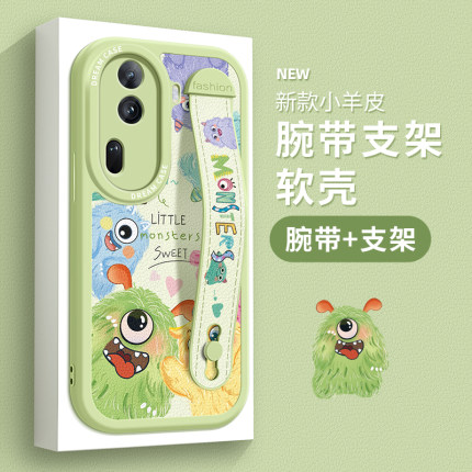 腕带适用opporeno11手机壳reno10pro保护套女款reno9支架硅胶reno8/6/5全包防摔reno7pro+卡通se小怪兽5K外壳