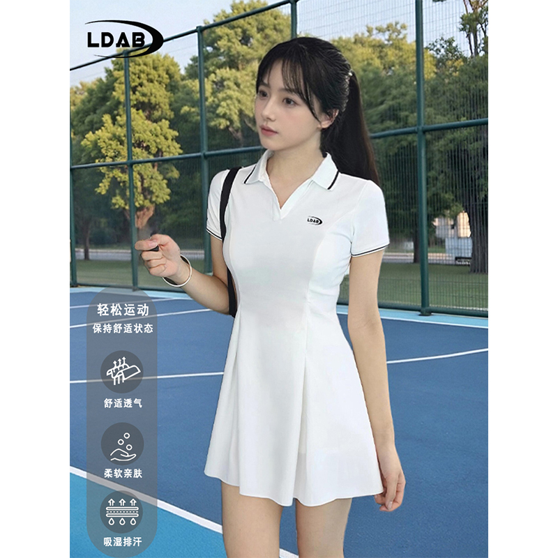 LDAB超好看白色羽毛球连衣裙女2025夏新款收腰A字运动网球连身裙