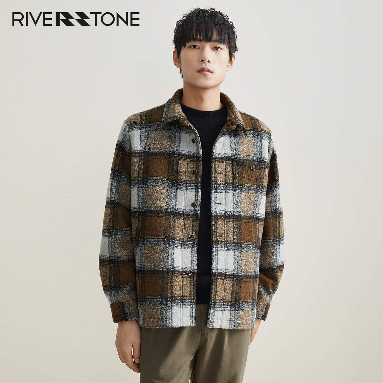 流石男装秋冬复古羊毛呢外套2025年秋季新款休闲格子衬衫厚款夹克