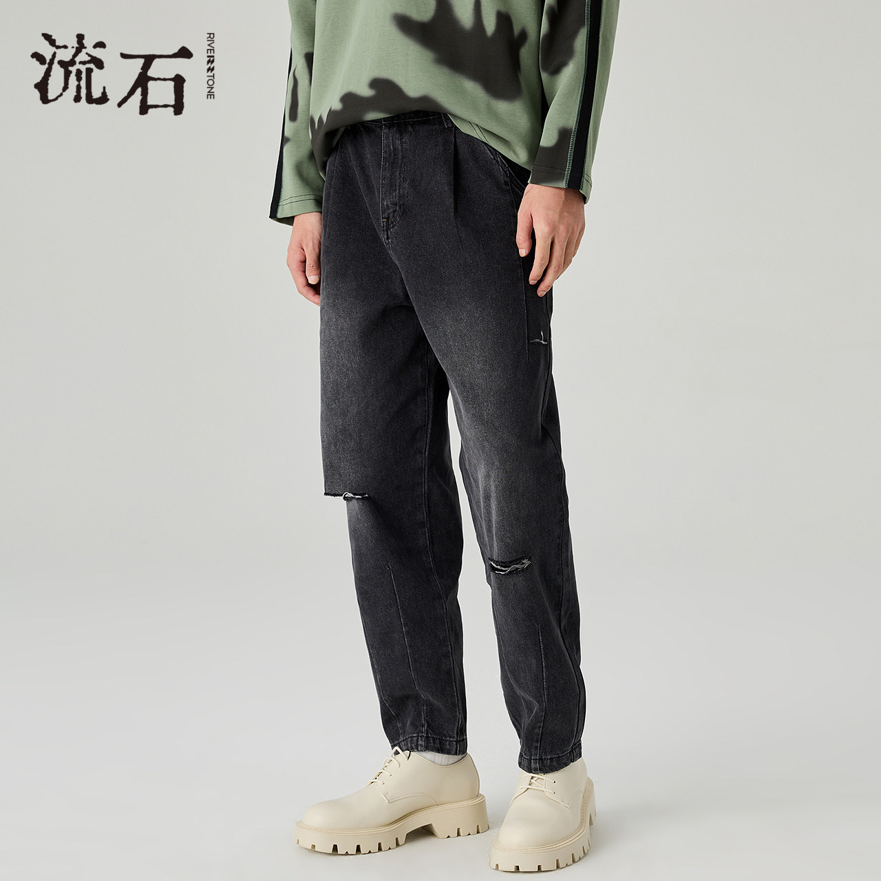 流石男装时尚个性破洞牛仔裤2026年春季新款男士宽松九分裤子潮