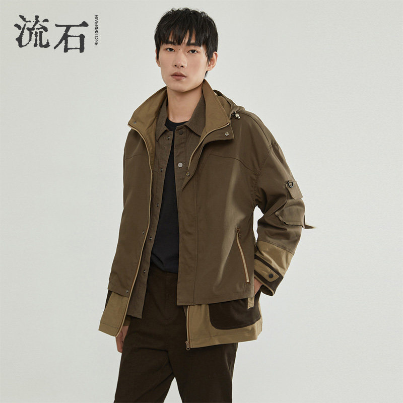 流石男装宽松高级感连帽外套2026年春季新款设计感时尚风衣男短款