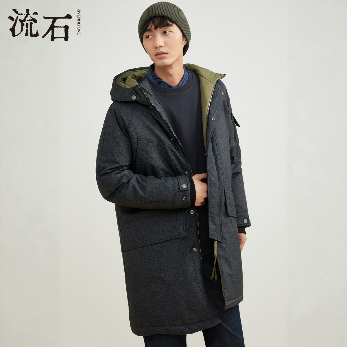 流石男装官方中长款羽绒服男款冬季新款连帽派克服外套加厚款男士