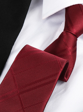 酒红大格男女拉链领带结婚新郎红色正装商务韩版懒人免打条纹领带
