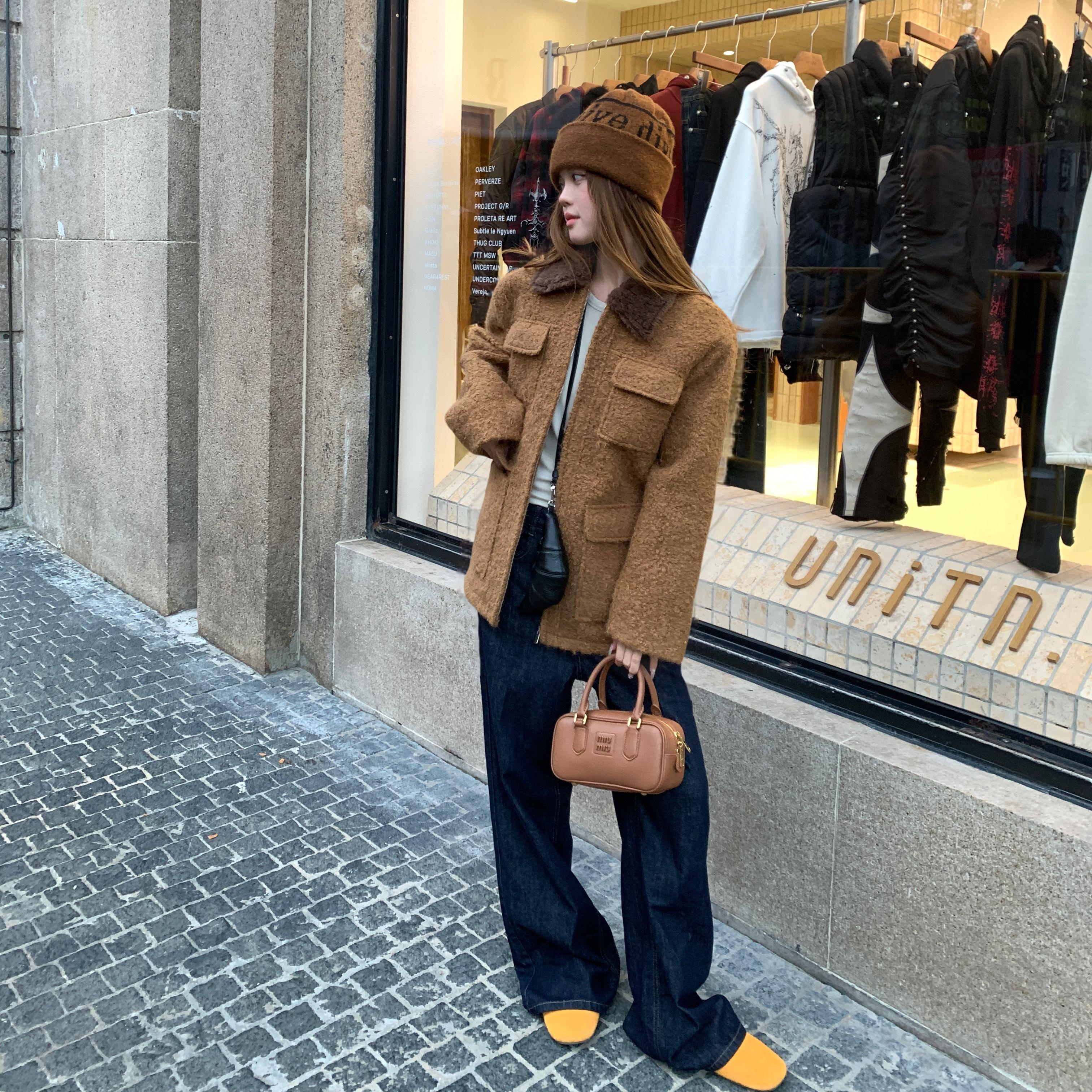 SUNIRIROR 复古秋冬新款巴恩风朱古力毛呢外套韩系宽松羊羔毛大衣