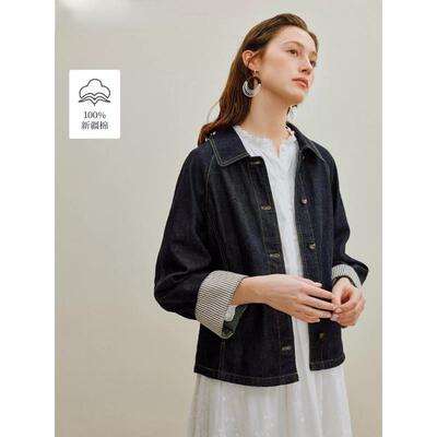 清仓100棉拼接条纹原色短牛仔外套2025秋女装热销复古宽松上衣