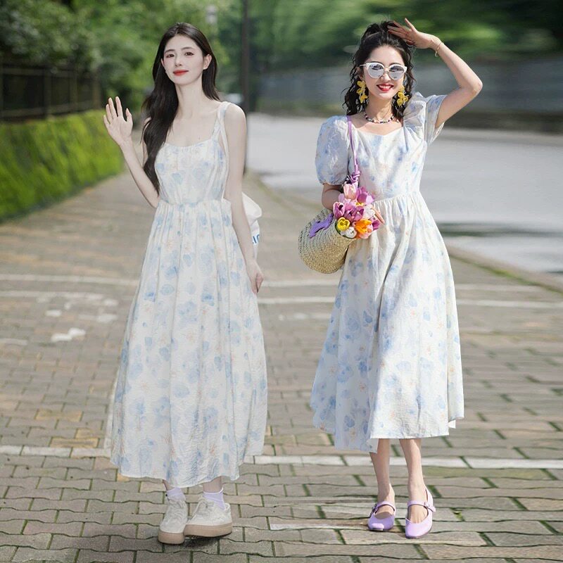 清仓海边度假连衣裙女2026年春季新款夏日多巴胺穿搭晕染碎花裙子
