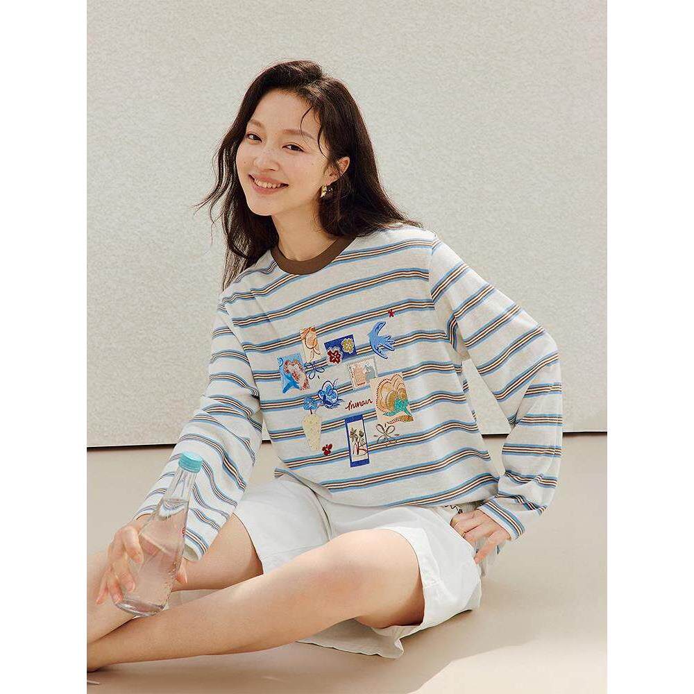 清仓条纹撞色圆领长袖T恤2026夏季女装新款松弛宽松手绘印花上衣