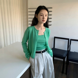 24478 TG羊毛简约吊带针织系扣开衫 两件套上衣女2025春季 新款 套装