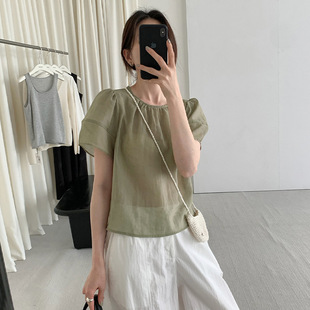 清爽百搭上衣24831 TG甜美风薄透衬衫 女2025夏季 新款 圆领泡泡短袖