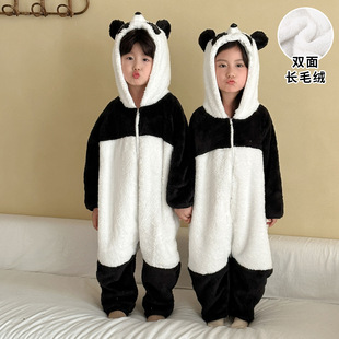 秋冬季儿童连体睡衣熊猫宝宝法兰绒珊瑚防踢男女童加厚家居服睡袋