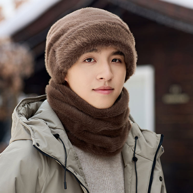 新款毛绒线帽子男士冬季骑车保暖围脖套户外护耳加厚防风包头冷帽