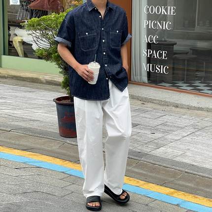 MRCYC复古小众短袖衬衫男夏季宽松牛仔衬衣韩版潮流百搭翻领寸衣
