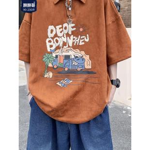 男士 潮牌宽松潮流短袖 胖胖哥麂皮绒Polo衫 夏季 T恤大码 高级感半袖