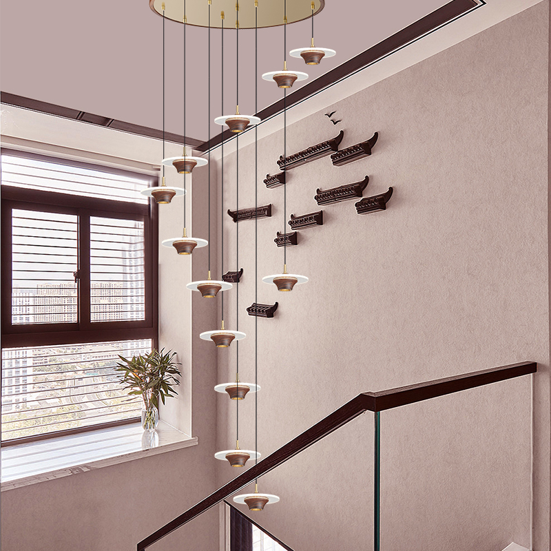 北美黑胡桃新中式复式吊灯别墅客厅黄铜led实木中国风旋转楼梯灯