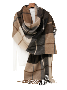 欧式 美拉德系100%CASHMERE山羊绒皮草色臻奢烟草格子流苏披肩围巾