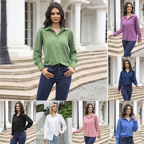 2026 Button-down Top Puff Sleeve Pleated Solid Color Stand C